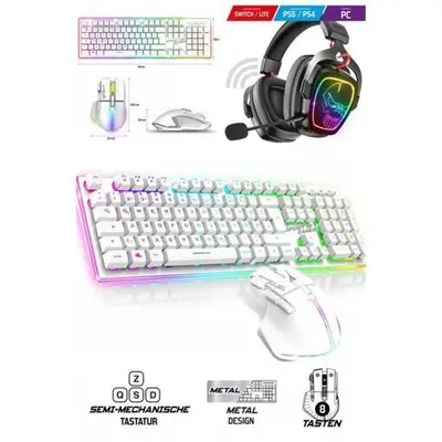 CLAVIER semi mécanique sans fil Blanc RGB PRO Spirit of Gamer + SOURIS sans fil + CASQUE sans fil 7.1 pc Mac Switch Bluetooth Sans f