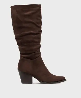 Bottes à talon cubain en suédine plissée femme - 41 - marron - GEMO