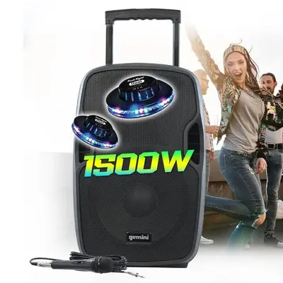 Enceinte active Bluetooth 1500W, GEMINI AS-12TOGO sur batterie Sono DJ PA 12 Pouces, USB SD RADIO FM, microphone Karaoké, Ovni